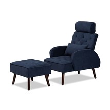 Recliner Chair &amp; Ottoman Set Modern Contemporary Navy Blue Velvet Walnut Finish - £299.84 GBP