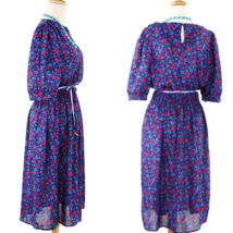 Vintage 80s Flowy Day Dress - Blue Graphic Print, Elastic Waist - Sz M -... - $28.00