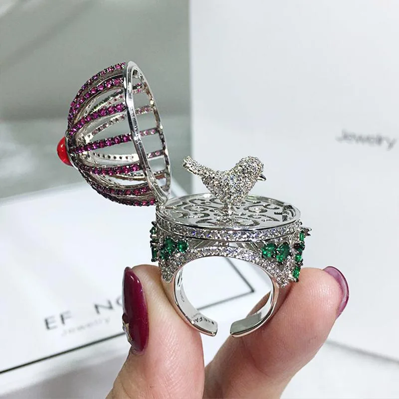 Blucome Open Ring Creative Fantasy Bird Cage Round House Ring Full Zircon Color  - £39.50 GBP
