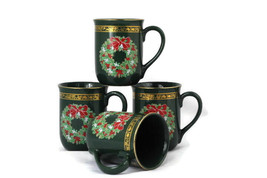 Otagiri Gibson Season&#39;s Greetings Set of 4 Green Christmas Wreath Cups Mugs 8 Oz - £32.04 GBP