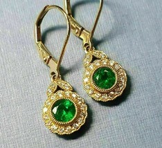 14K Yellow Gold Plated Silver 2.20Ct Simulated Emerald Halo Drop/Dangle Earrings - £78.21 GBP