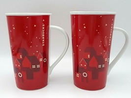 Starbucks Coffee Mug Holiday Christmas Red Village 16oz Tall Cups 2013 Set Of 2 - £23.92 GBP