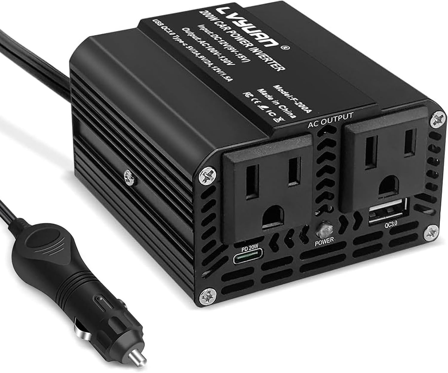 200W Car Power Inverter, Lvyuan Fast-Charging Car Outlet Adapter 20W, Ro... - $33.99