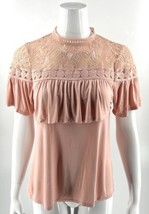 Cable Gauge Top Size Small Peach Pink Lace Ruffle Short Sleeve High Neck... - $24.75