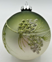 Vintage Blown Glass Green Ombre Glitter Leaf/Branch Detail Ball Ornament U255 - £31.96 GBP