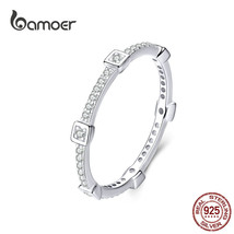 Square Geometric Stackable Finger Rings for Women Clear CZ 925 Silver Engagement - £13.71 GBP
