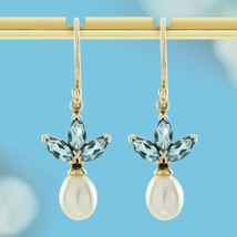 9K Yellow Gold Natural Blue Topaz and Pearl Vintage Style Butterfly Earrings - $290.00