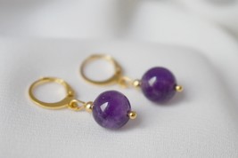 Amethyst Hoop Earrings Gold, Gemstone Charm Earrings Dangle, Small Huggie Earrin - £23.10 GBP