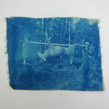 Cyanotype Photograph On Cloth Men Hunting Carry Deer in Woods Antique 1800s RARE - £40.08 GBP
