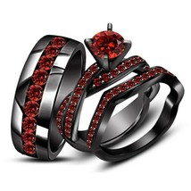14K Black Gold Over 2.49CT Red Garnet His &amp; Her Engagement Wedding Trio Ring Set - £108.14 GBP