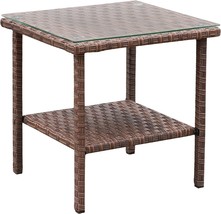 Outdoor Side Table Furniture End Accent Patio Glass Wicker Rattan Small 2 Tier - £60.87 GBP