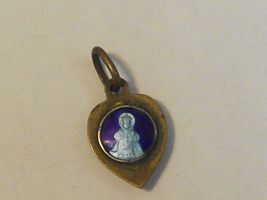 Vtg 8x12mm blue enamel crystal brass heart medal charm Jesus Infant of P... - $25.00