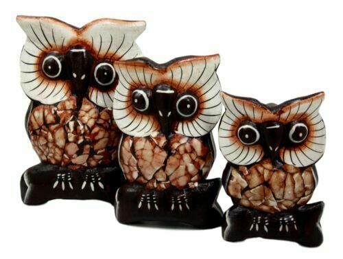 Balinese Wood Handicrafts Forest Owl Family Set of 3 Decorative Figurines 6"H