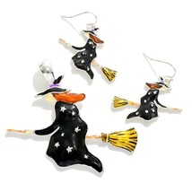 Halloween Silver Tone Enameled Flying Witch Drop Earring and Pendant Set - £9.74 GBP