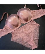 Victoria&#39;s Secret 32DDD BRA SET M PANTY pink vintage ROSE brown Lace FOILED - $94.76 CAD