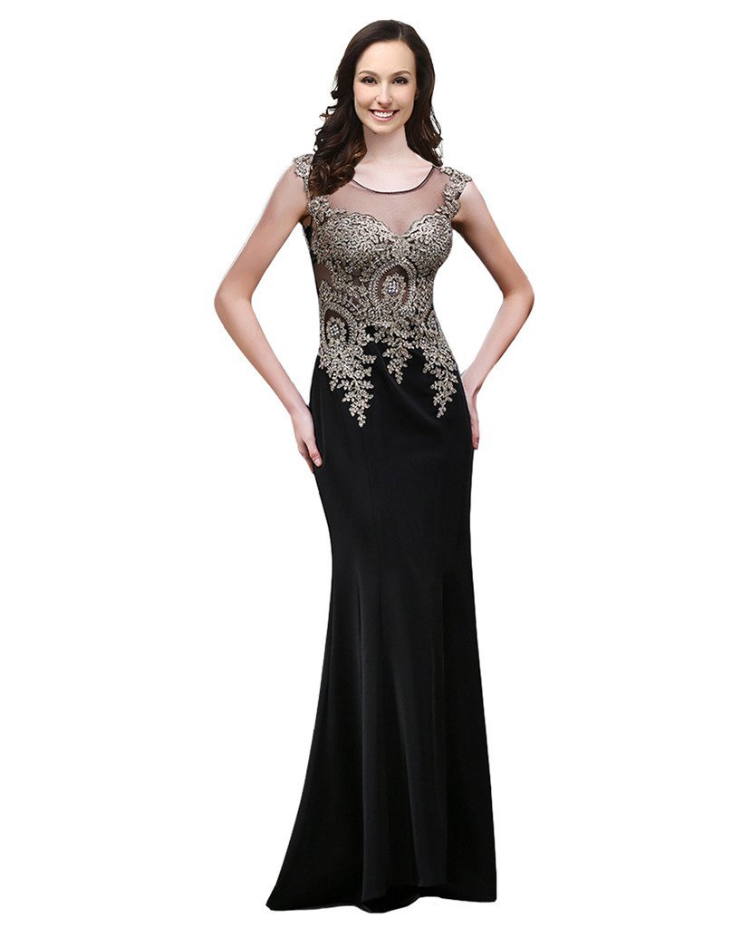 Illusion Sleeveless Long Mermaid Jersey Sheer Gold Lace Formal Prom Evening Dres