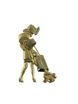 Vintage AJC Brooch Pin Gold Tone Woman Shopping Holding Bags Dog 2.75&quot; - $24.75