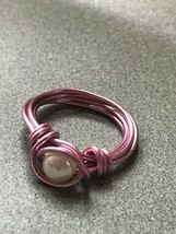 Handmade Pink Metal Wound Wire with Faux White Pearl Bead Center Ring Size 5.5 – - £10.52 GBP