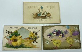 Vintage Lot Of Three Easter Postcards Greetings Yellow Chicks Flowers Baskets - £9.56 GBP