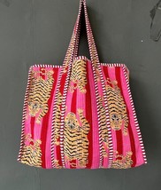 100% Pure Cotton Pink Hand Block Animal Print Handmade Kantha Tote Shopping Bag - £38.76 GBP