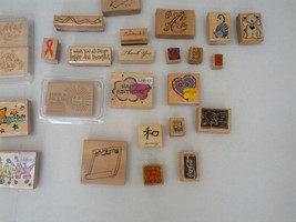 Mixed lot 24 wood mounted rubber stamps cat dog ribbon birthday heart mouse - $19.75