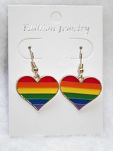 New Gold Rainbow Heart Earrings &quot;Love Wins&quot; Huggie Hoops Gay Pride Lgbtq+ - £6.63 GBP