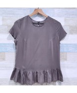 Amanda Uprichard 100% Silk Ruffle Peplum Hem Top Taupe Brown Womens Small - $59.39