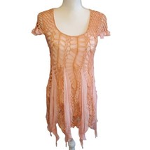 Y2K Style Crochet Mesh Top Semi-sheer Peach Salmon Pink Hankerchief Hem S/M - £23.10 GBP