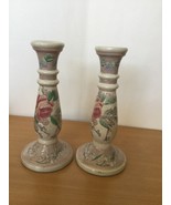 Pair hand painted Chinese ceramic candle stick holder 9.25&quot; tall flower ... - £53.88 GBP