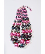 Vintage 60&#39;s Brilliant Magenta Swirl &amp; Irridescent Bead 3-Strand 18&quot; Nec... - $17.42