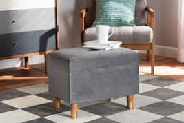 Raziel Gray Velvet Fabric Upholstered and Oak Brown Storage Ottoman - $1,179.85 MXN