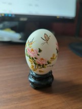 vintage beautiful Made in China hand painted egg on wooden stand - $15.84