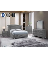 Dover Grey Velvet Queen Bedroom Set with USB-C &amp; Bluetooth - $1,599.00