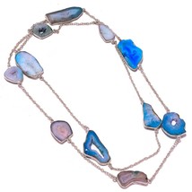 Sky Blue Agate Druzy Gemstone 925 Silver Overly Handmade Bezel Long Necklace - £15.11 GBP