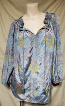 L- Paani Blue Multicolor Floral Silky Blouse Shirt V-Neck or Off-the-Sho... - £4.75 GBP