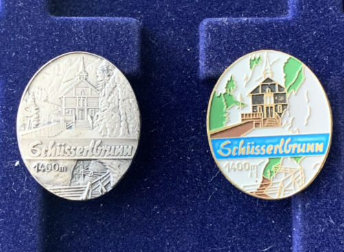 Primary image for Vintage Set Of 2 Collectible Pins In Honour High Mountain Marathon Schussenbrunn