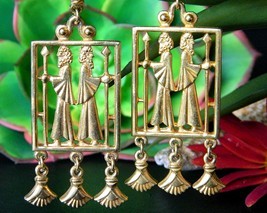 Vintage Vendome Egyptian Greek Roman Revival Dangle Earrings Clip Gold - $129.95