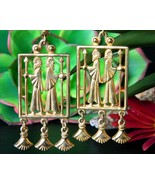 Vintage Vendome Egyptian Greek Roman Revival Dangle Earrings Clip Gold - $129.95