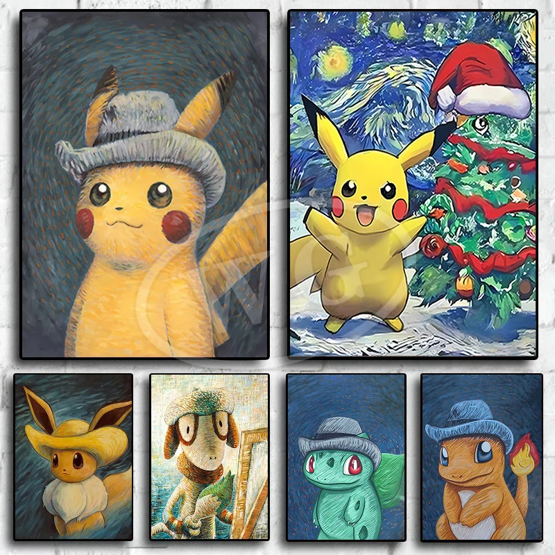 Van Gogh Museum Pokemon Anime Figures Pikachu Watercolor Painting Canvas Posters - £7.83 GBP+