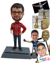Personalized Bobblehead Nice man wearing long sleeved polo shirt holding a cup o - £72.11 GBP