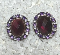 Vintage Purple Crystal &amp; Rhinestone Oval Clip-On Earrings - $369.07 MXN