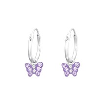 Hanging Purple Butterfly 925 Silver Hoop Earrings with Crystals - £13.15 GBP