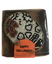 Beaded Skull Drink Coasters Set of 4 Halloween Fall White Gold Satin Backed - £23.12 GBP
