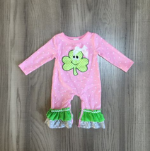NEW Boutique St Patrick&#39;s Day Baby Girls Shamrock Pink Ruffle Romper Jumpsuit  - $11.04