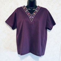 Kate Allen Petite Leslie Fay Co Pull Over Purple Embroidered V Neck 80&#39;s Large - £14.86 GBP