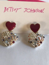 Betsey Johnson Gold Alloy Enamel Red and Crystal Heart Filigree Post Earrings - £7.20 GBP
