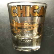 Chicago Shot Glass Gold Black Illustrations and Print on Clear Glass Heavy Base - $6.99