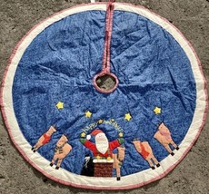 Vintage Large Christmas Tree Skirt Hand Quilted Santa Chimney Reindeer 5... - £63.45 GBP