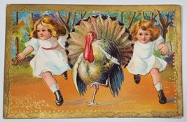 Thanksgiving Girls Chasing Large Turkey 1909 Medina NY to Brooklyn Postcard X9 - £7.15 GBP