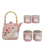 Pink Sakura Cherry Blossoms With Rabbit Hexagonal Teapot With 4 Tea Cups... - $57.62 CAD